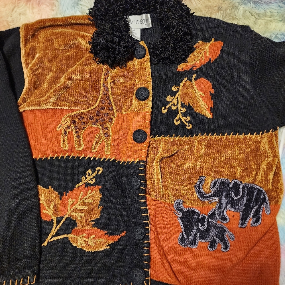 Vtg Victoria Harbour Women Embroidered Giraffe Elephants Collared Sweater Xl